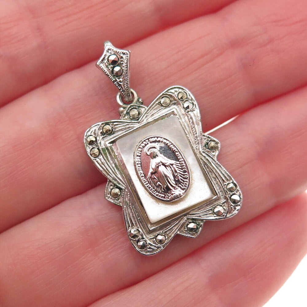 925 Sterling Silver Antique Art Deco Real MOP & Marcasite St. Mary Charm Pendant